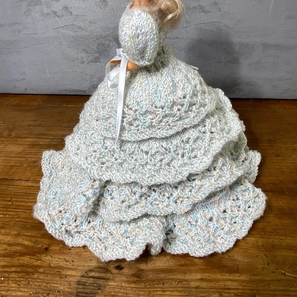 Vintage Barbie OOAK Handmade White Knit Crochet Ballgown Dress Petticoat 11 in